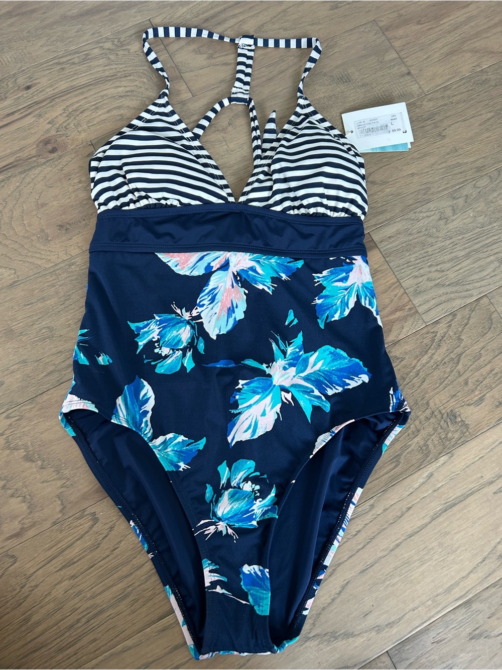 Carve Designs Dahlia One Piece Swimsuit  Navy Striped Top Floral Bottom Women L - Picture 2 of 10